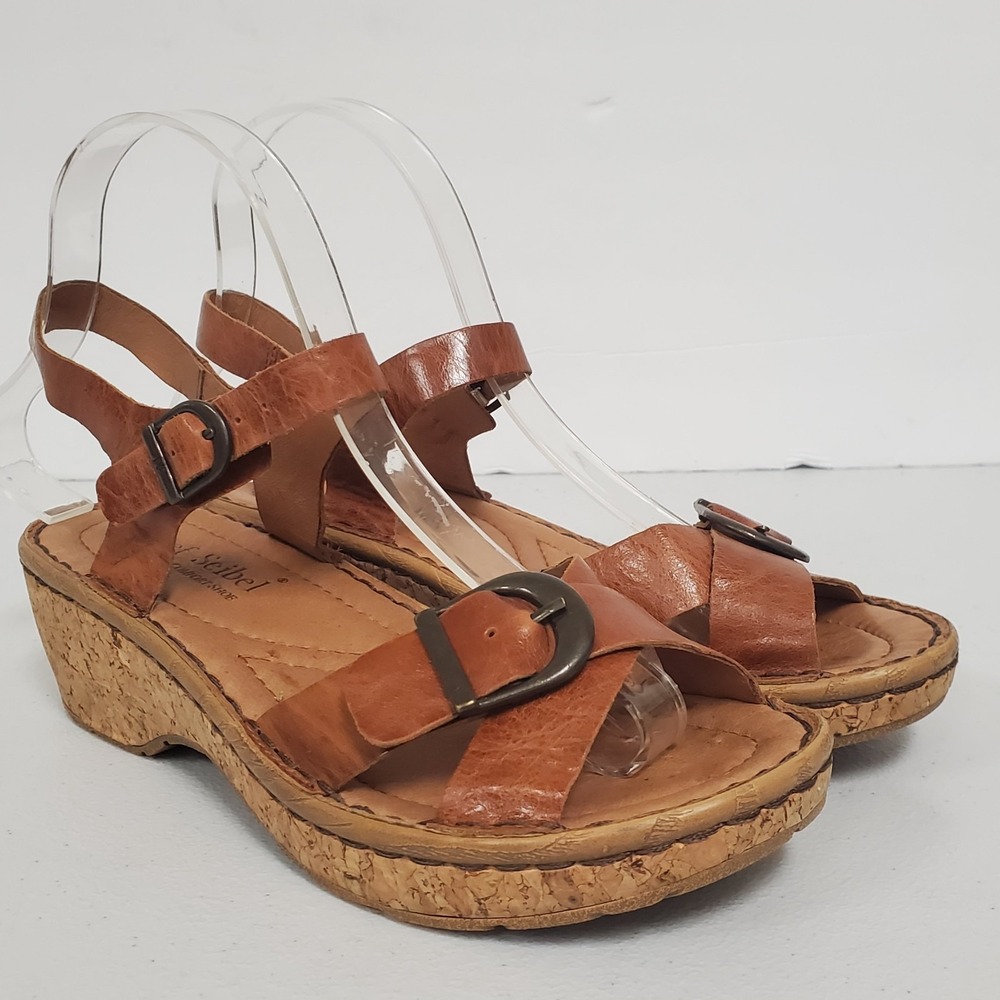 Josef Seibel Womens Brown Leather Cork Wedge Heeled Sandals Size 6.5 US 37 EU